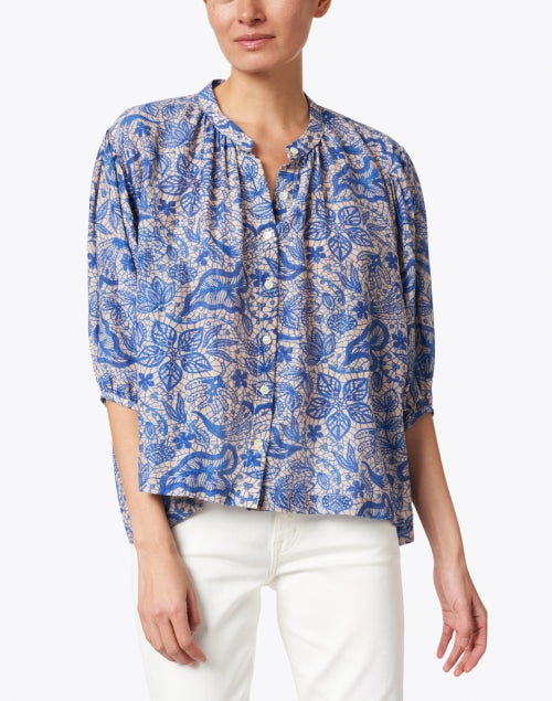 Nora Women's Blue Botanical Print Cotton - Silk Casual Blouse for Warm Weather