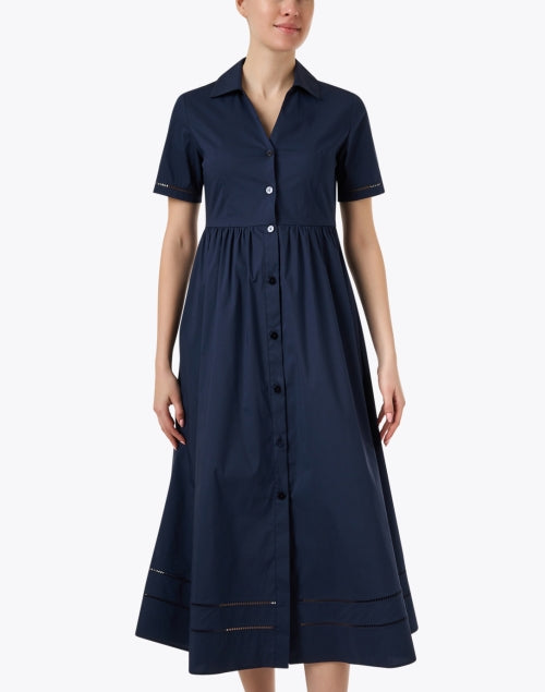 Stylish Navy Stretch Cotton Poplin A-Line Shirt Dress with Eyelet Details