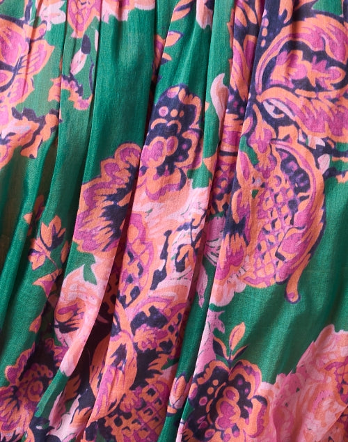 Rosette Print Cotton-Silk Blend Sleeveless Blouse in Green and Pink Colors