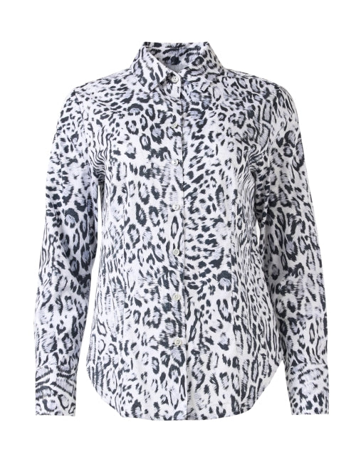 Stylish Diane Black and White Snow Leopard Print Women's Cotton Button-Front Blouse Top
