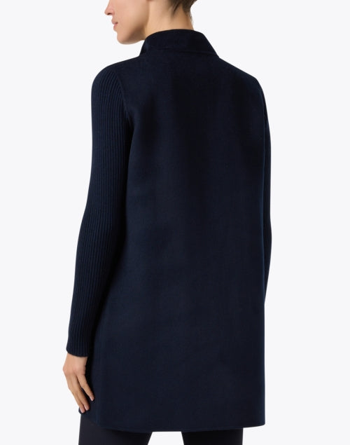 Stylish Navy Wool and Cashmere Blend Open - Front Coat