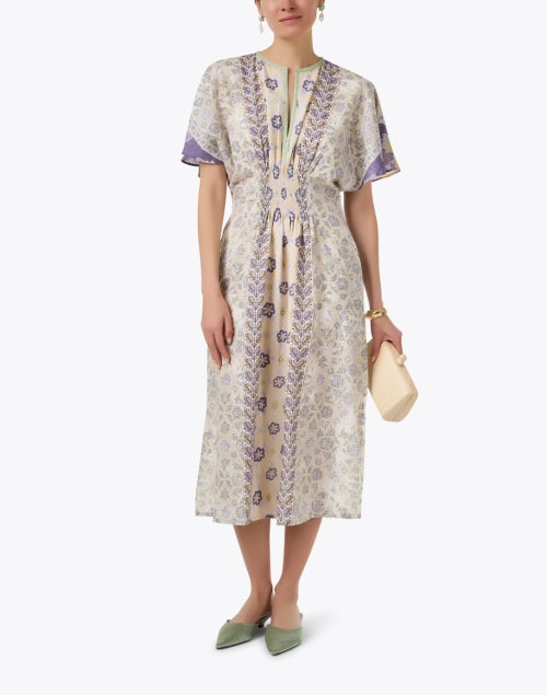 Naama Ladies' Purple and Yellow Floral Printed Midi Dress for Women