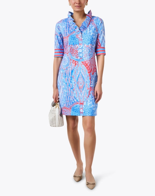 Stylish Blue Multi Paisley Patterned Ruffle Neck Women's Dress