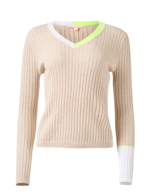 Beige Slim - Stretch Ribbed Cotton Sweater with Multi - Color Trim