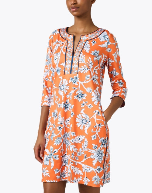 Gretchen Scott Orange and Periwinkle Floral Print Women's Tunic-Style Dress