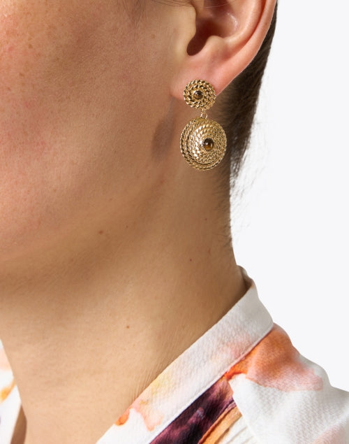 Artistic Handmade French Brown Stone Gold Drop Spiral Disc Earrings
