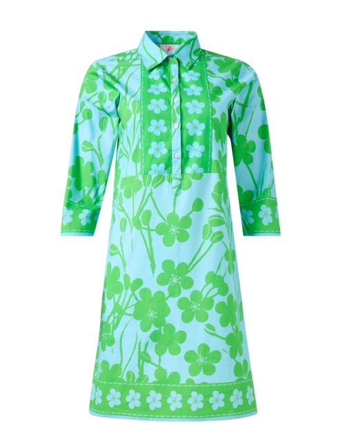 Women's Blue and Green Floral Printed Stretch Cotton Shirt Dress for Transitional Styling