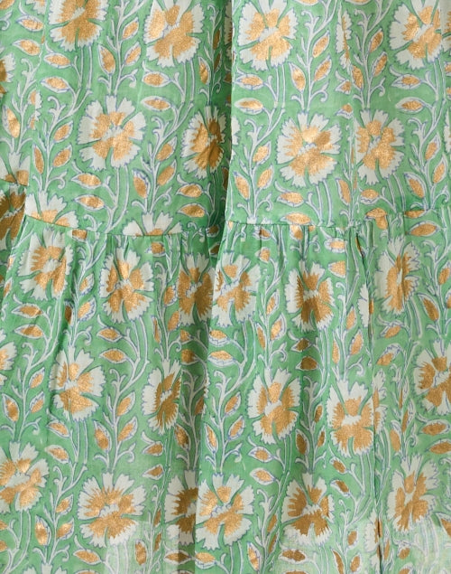 Exquisite Mughal-Style Green and Gold Floral Print Smocked Maxi Dress for Women