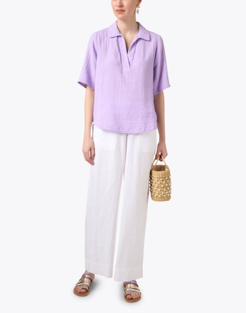 Xirena Ryder Women's Purple Cotton Gauze Collared Casual Top for Warm Weather