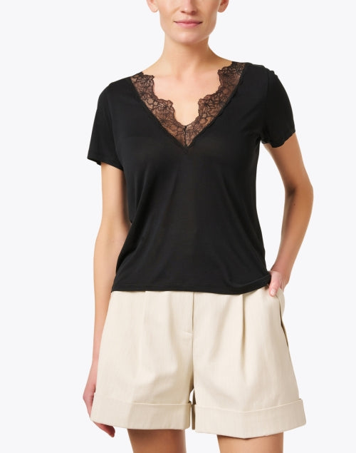 Elegant Women's Black Silk Top with Delicate Lace Trim