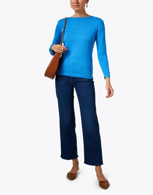 Stylish Blue Soft Pima Cotton Boatneck Semi - Relaxed Sweater