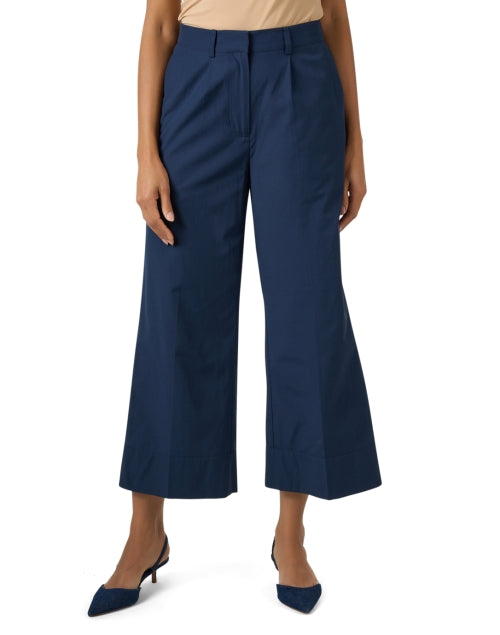 Navy Blue Wide-Leg Ankle-Length Women's Casual Cotton Blend Joya Trousers
