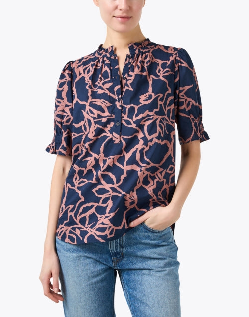 Navy Printed Cotton Top with Ruffle Collar from Los Altos