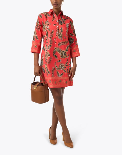 Stunning Red Floral Stretch Cotton Shirt Dress for Women