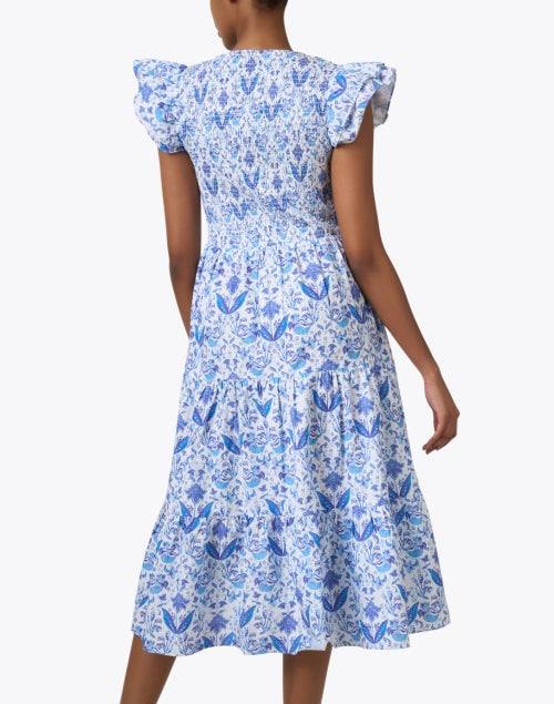 Stylish Blue and White Patterned Smocked Cotton Women's Dress
