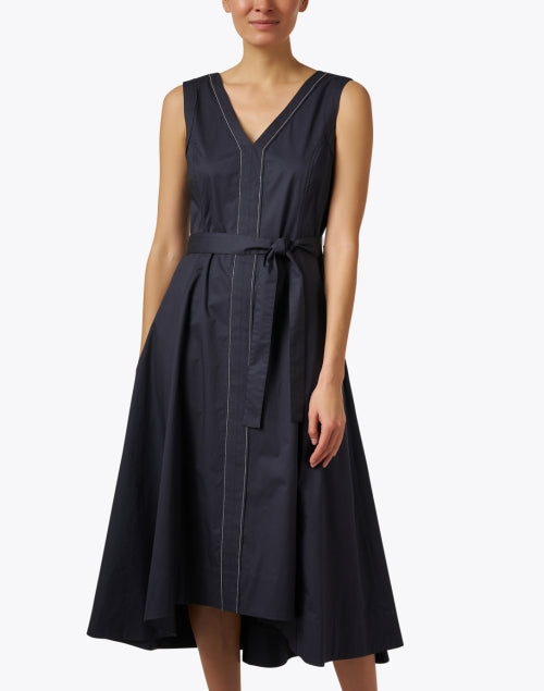 Navy Blue Crisp Cotton A-Line Women's Dress with Metallic Trim and Self-Tie Waist