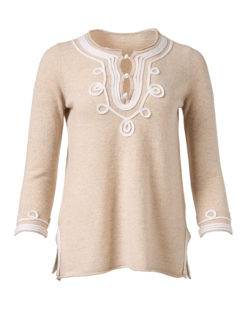 Calipso Beige Cashmere Top with Intricate White Embroidery