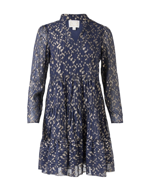 Stylish Navy and Shiny Gold Metallic Print Women's Dress for Casual Wear