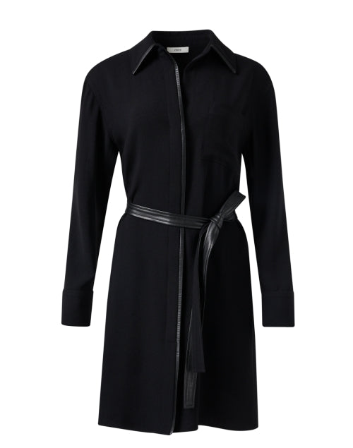 Black Faux Leather Trimmed Sophisticated Shirt Style Dress
