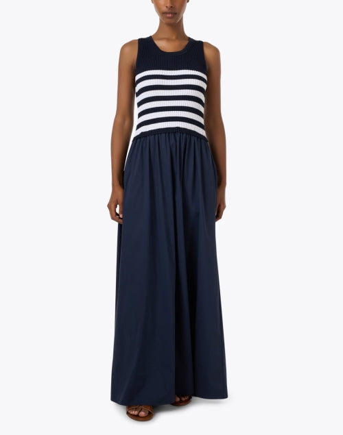 Navy Blue Striped Knitted Poplin Women's Maxi Dress