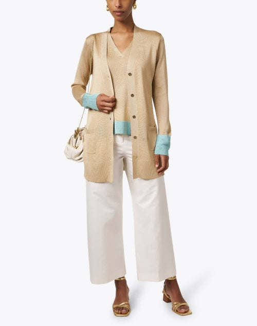 Stylish Fergie Metallic Gold and Blue Longline Slim-Fit Cardigan