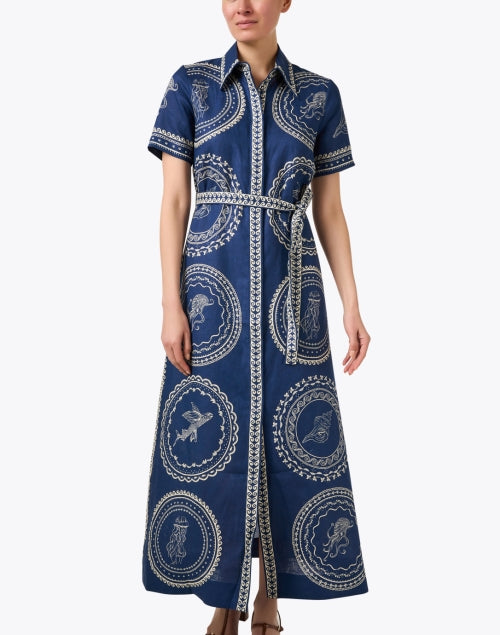 Navy Colored Printed Linen Women's Shirt Style Dress