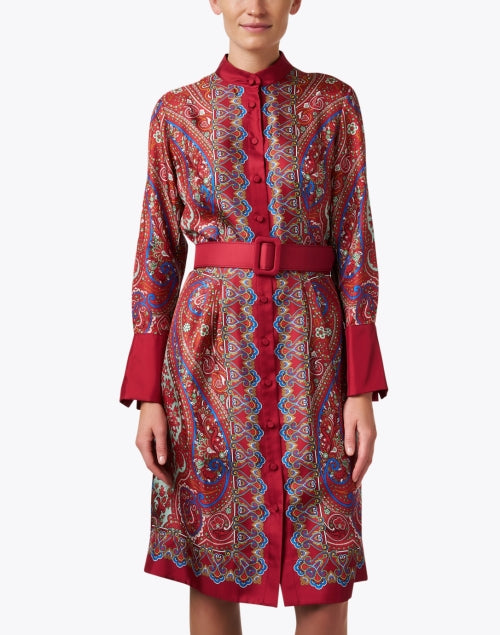 Stylish Red Paisley Patterned Silk Women's Shirt Dress