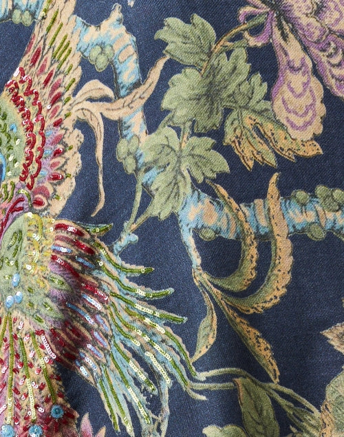 Stylish Serenade Blue Wool-Silk Blend Floral Beaded Scarf
