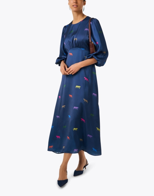 Stylish Blue Satin Dress with Leopard Print Design