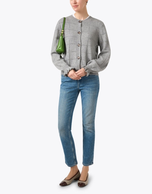 Stylish Grey Wool and Cashmere Blend Pointelle Knit Cardigan for Women