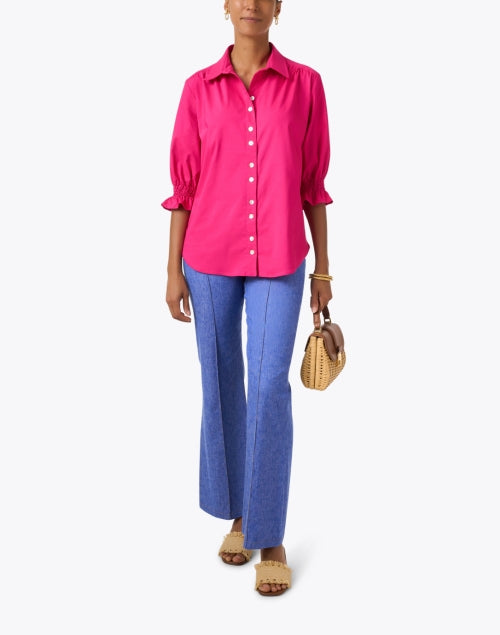 Stylish Fuchsia Sirena Button - Front Blouse with Smocked Cuffs