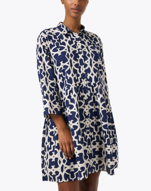 Navy-Printed Deauville Style Women's Shirt Dress for Casual Wear