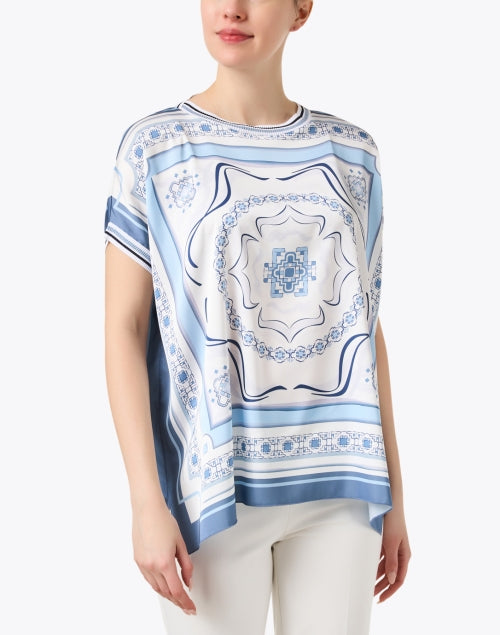Stylish Blue Women's Scarf-Printed Satin Top for Work and Casual Wear