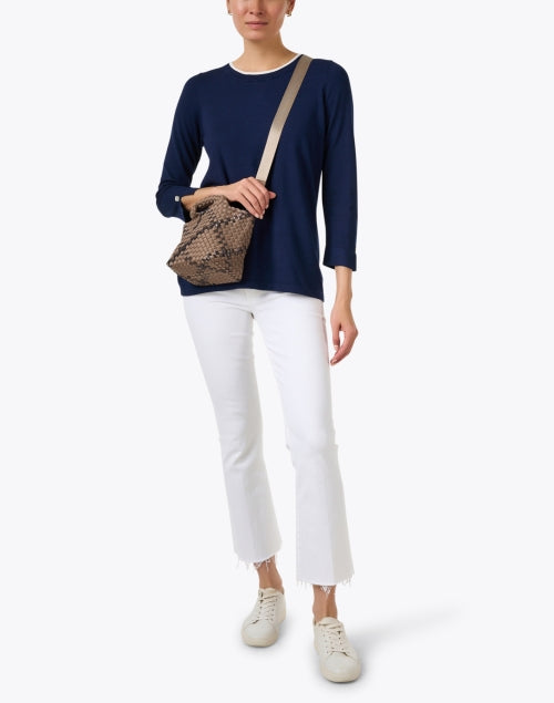 Stylish Navy and White Relaxed Knit Top with Button Detail