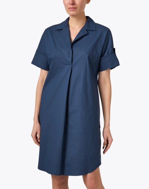 Stylish Navy Poplin Henley Neckline Shift Shirt Dress
