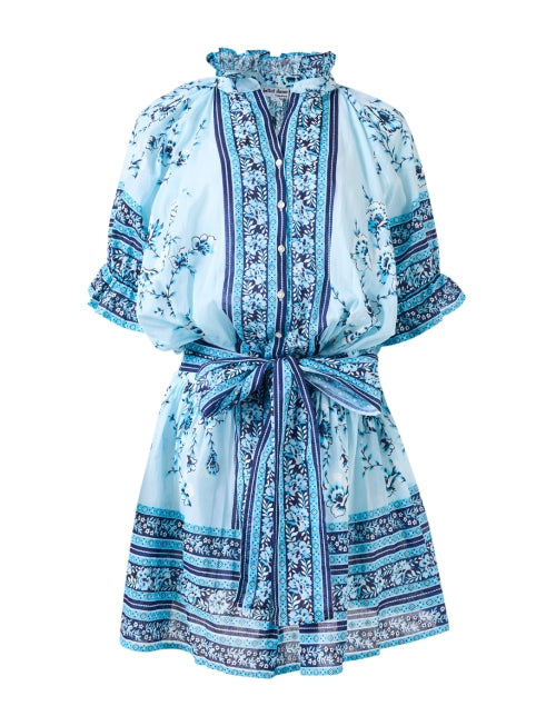 Stylish Blue Print Blouson Mini Dress with Feminine Details