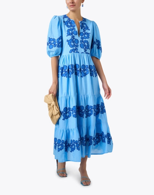 Stylish Oliphant Tangier Blue Cotton Embroidered Midi Dress