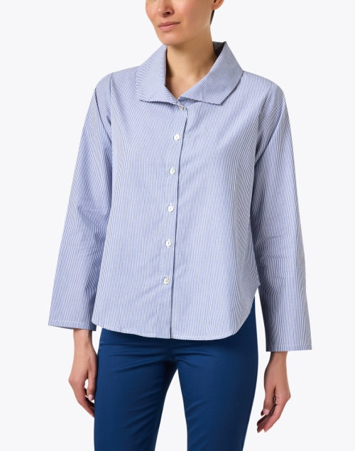 Stylish Blue and White Striped 100% Cotton Poplin Shirt with Signature Spread Collar