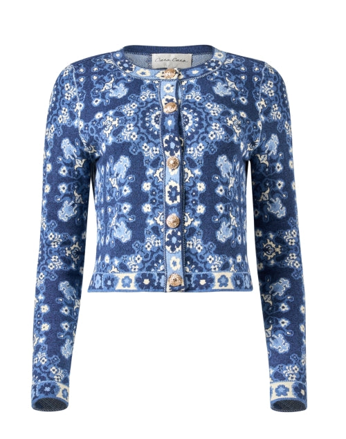 Livi Women's Blue Tile Pattern Knitted Cardigan with Delicate Gold Buttons