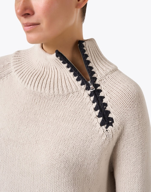 Stylish Beige Zip-up Sweater with Contrast Stitch and Ribbed Trim