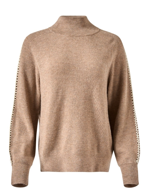 Stylish Taupe Wool - Cashmere Sweater with Sleeve Stripe Details