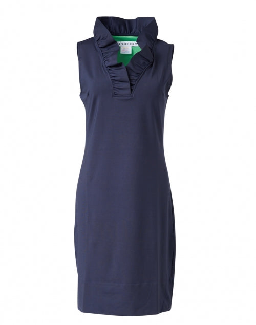 Navy Sleeveless Dress with Ruffled Neck for Warm Weather
