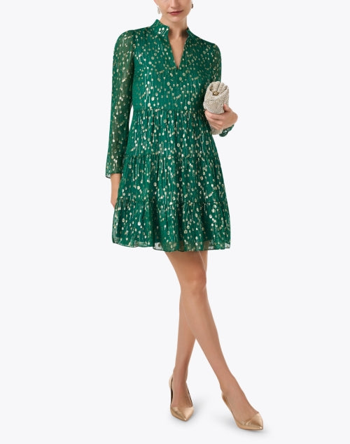 Stylish Green Silk Blend Dress with Metallic Gold Print