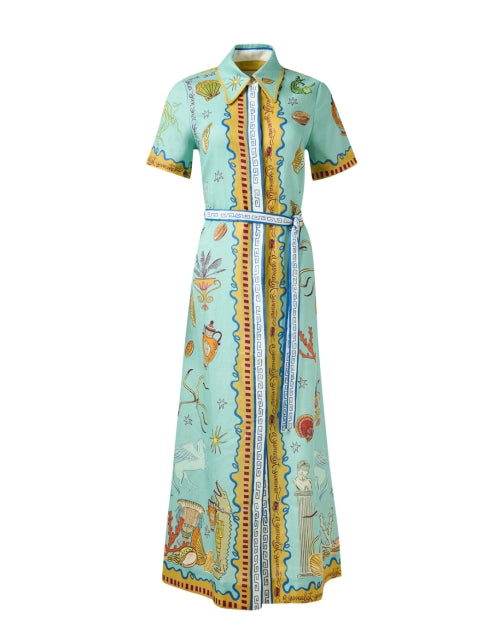 Stylish Linen Shirt Dress with Multi - colored Surrealist Prints