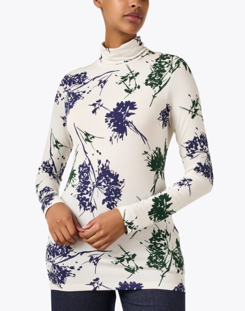 Ivory Floral Printed Women's Turtleneck Stretch Jersey Knit Top