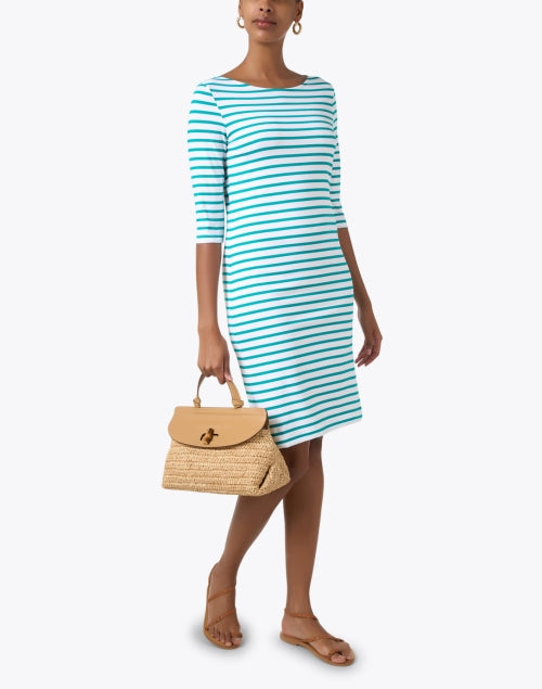 Stylish Saint James Green and White Horizontally Striped Stretch Dress