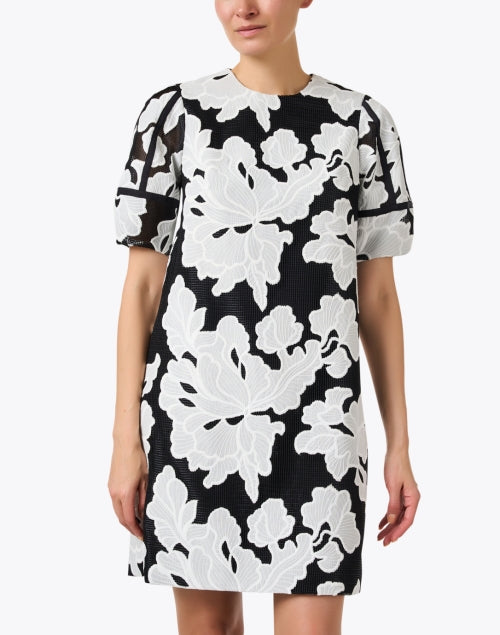 Elegant Black and White Floral Embroidered Mini Shift Dress for Women