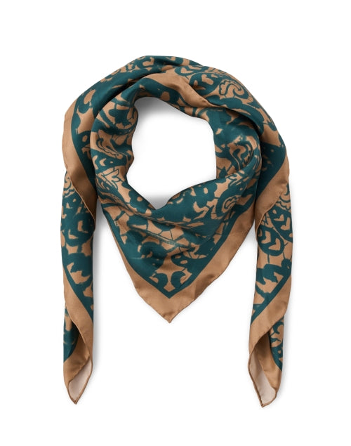 Stylish Kinross Silk Scarf with Camel and Rich Green Paisley Pattern