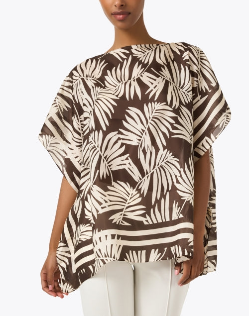 Stylish Brown Tropical Palm Print 100% Italian Silk Poncho Top