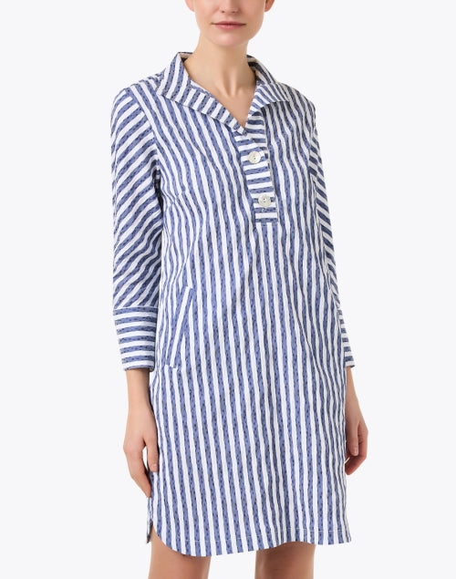 Women's Fashionable Indigo and White Striped Shirt-style Dress